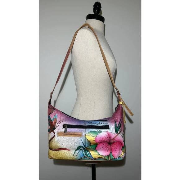 Anuschka Hand Painted Leather Butterflies & Hibiscus U Top Hobo Purse Handbag - Picture 2 of 10
